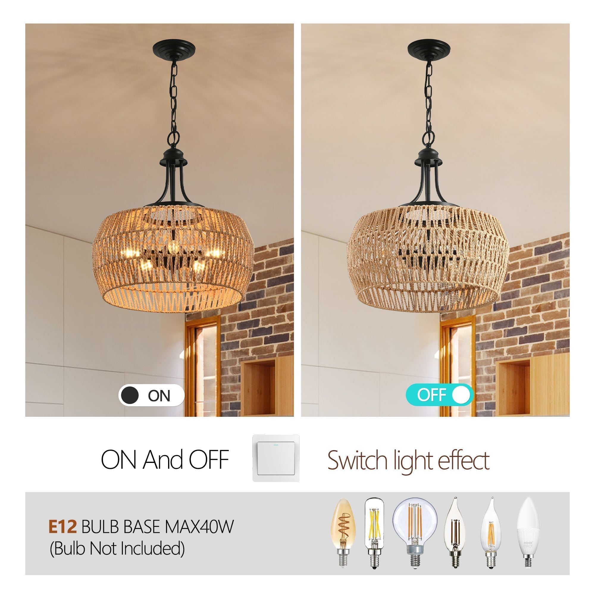 19' Boho Hemp Rope Pendant Light, Hand-Woven Jute Hanging Lamp
