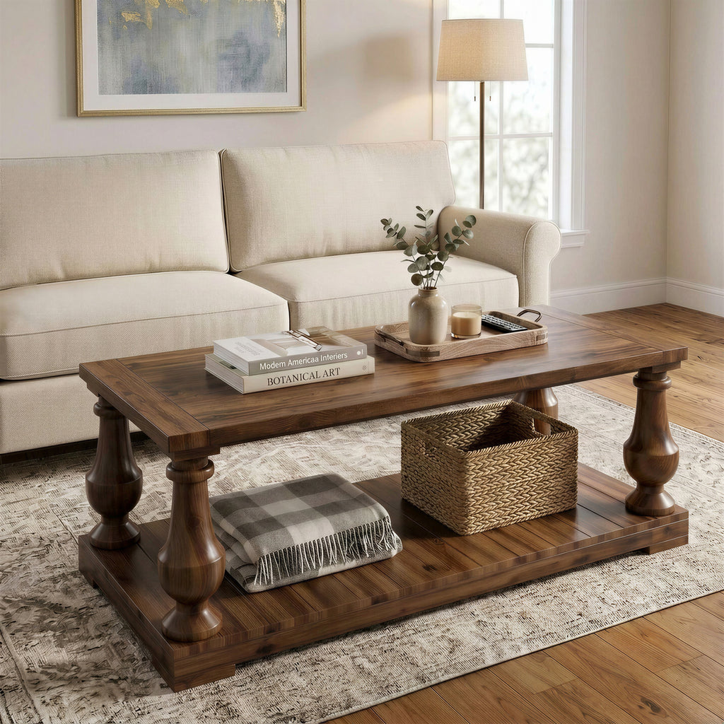 Farmhouse Coffee Table with Storage Shelf, Solid Pine Wood, Walnut