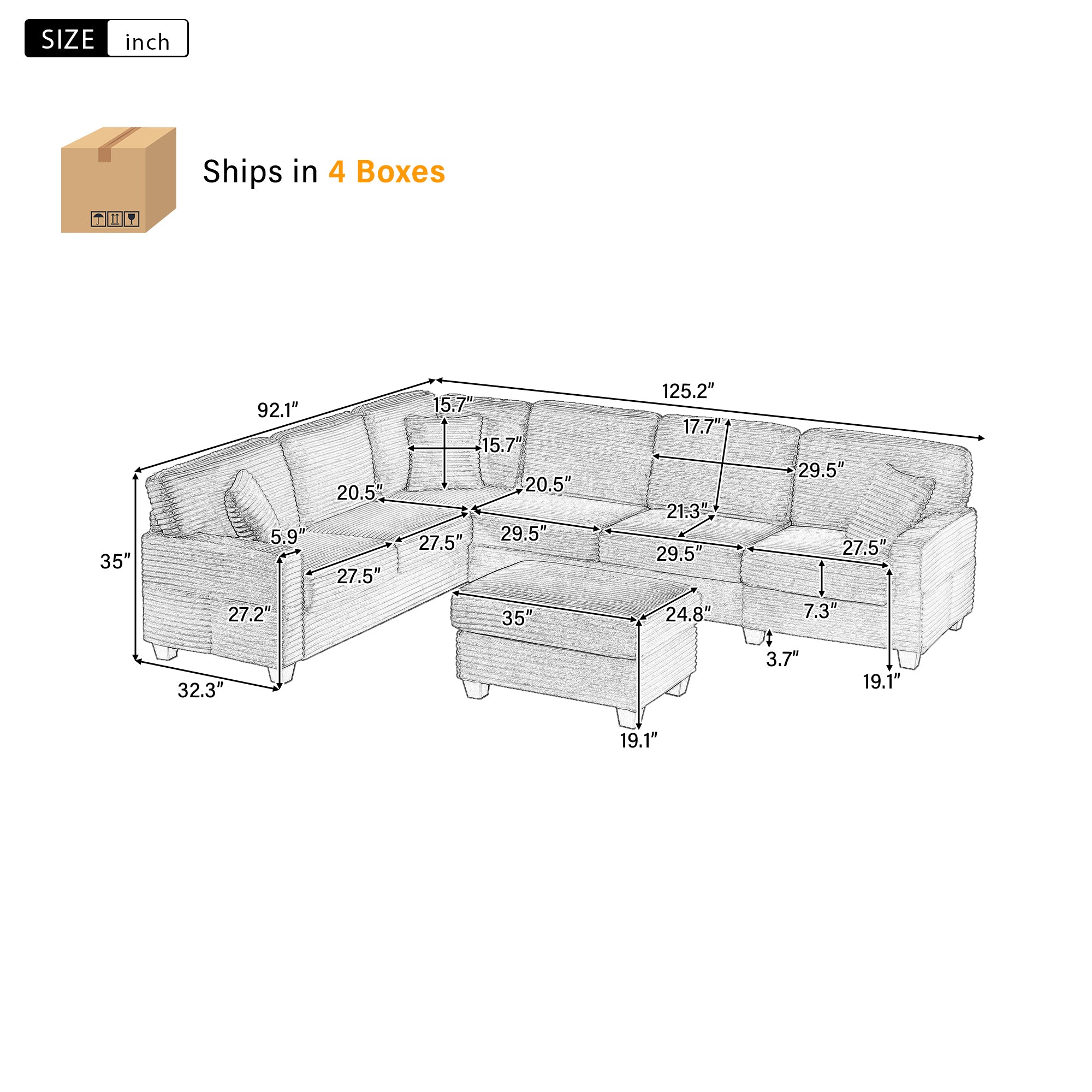 U-Shaped Sectional Sofa with Movable Ottoman and Side Storage Pockets
