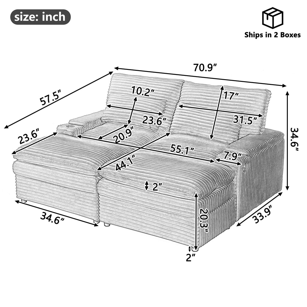 Loveseat Sofa 70.9" Convertible with Ottoman and USB Ports