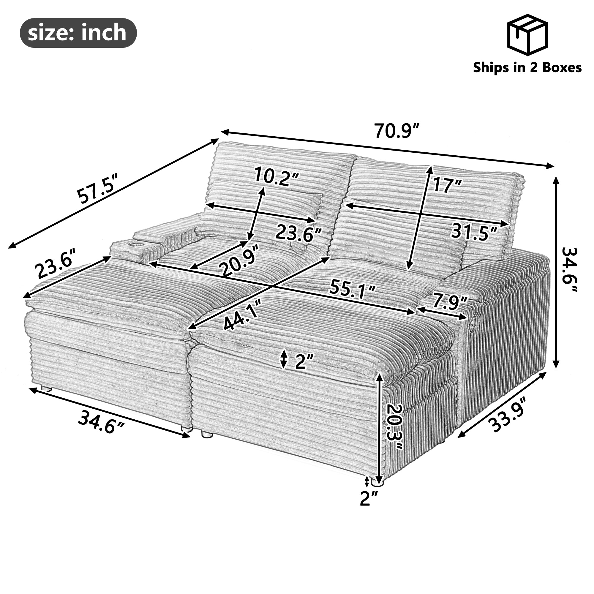 Loveseat Sofa 70.9" Convertible with Ottoman and USB Ports
