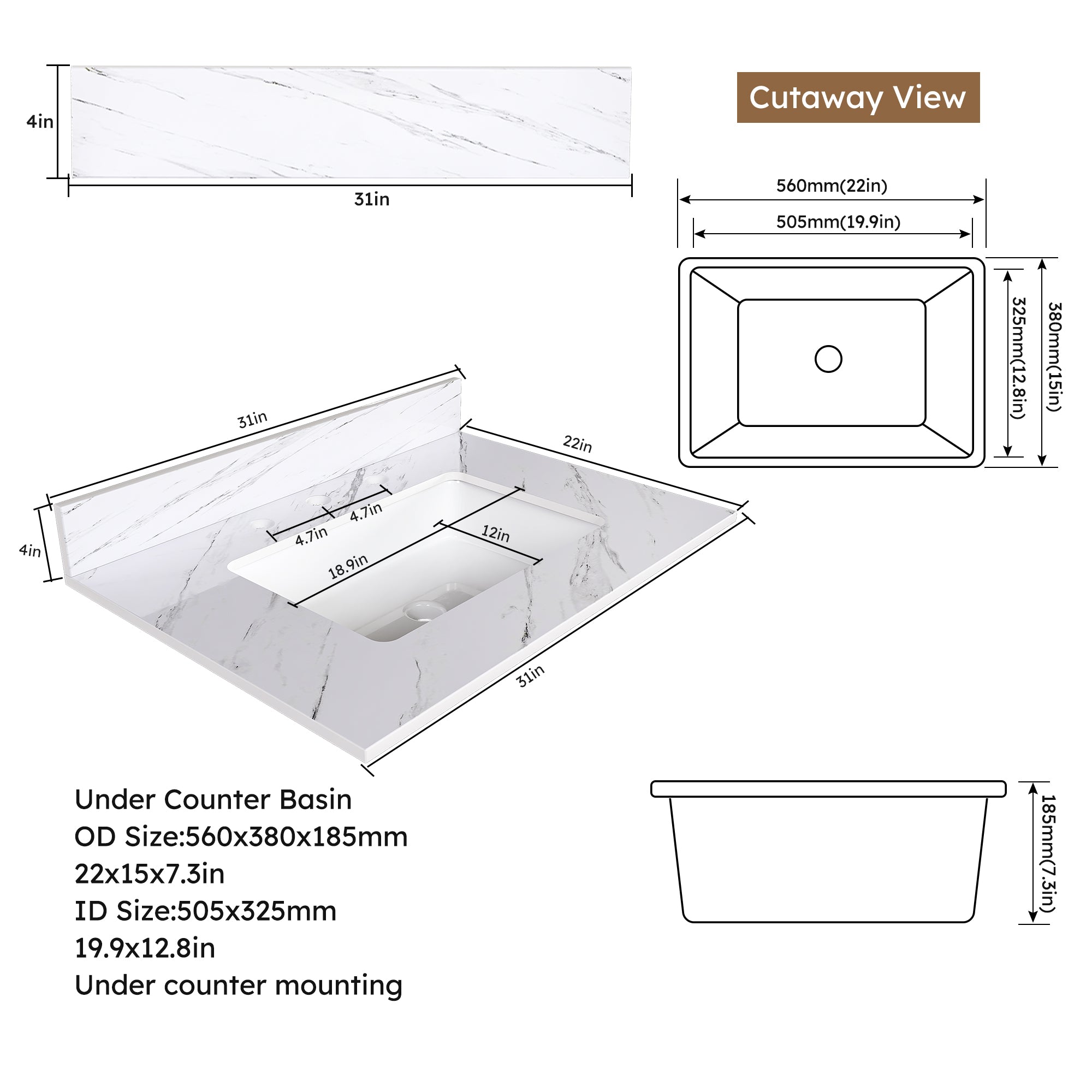 31 Inch Marble Vanity Top
