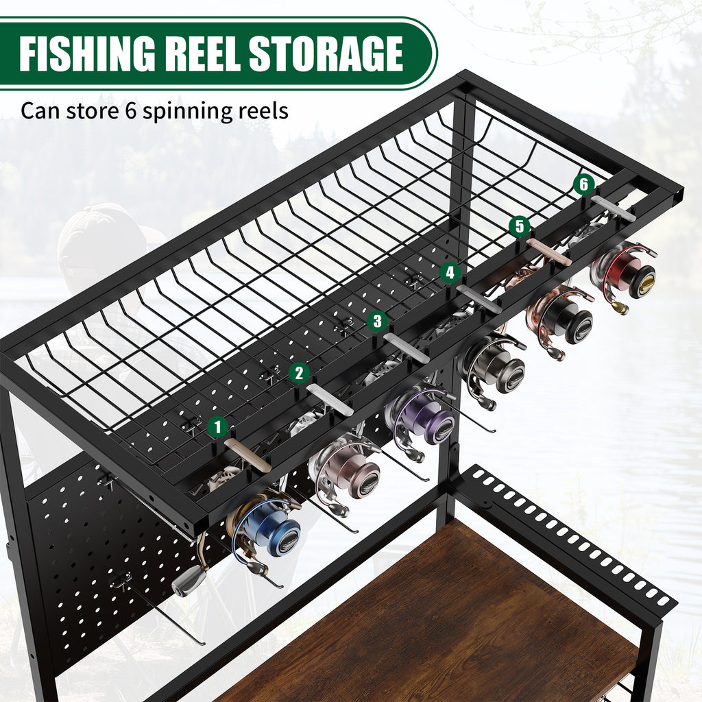 Fishing Rod Storage Rack with Pegboard and Lockable Wheels