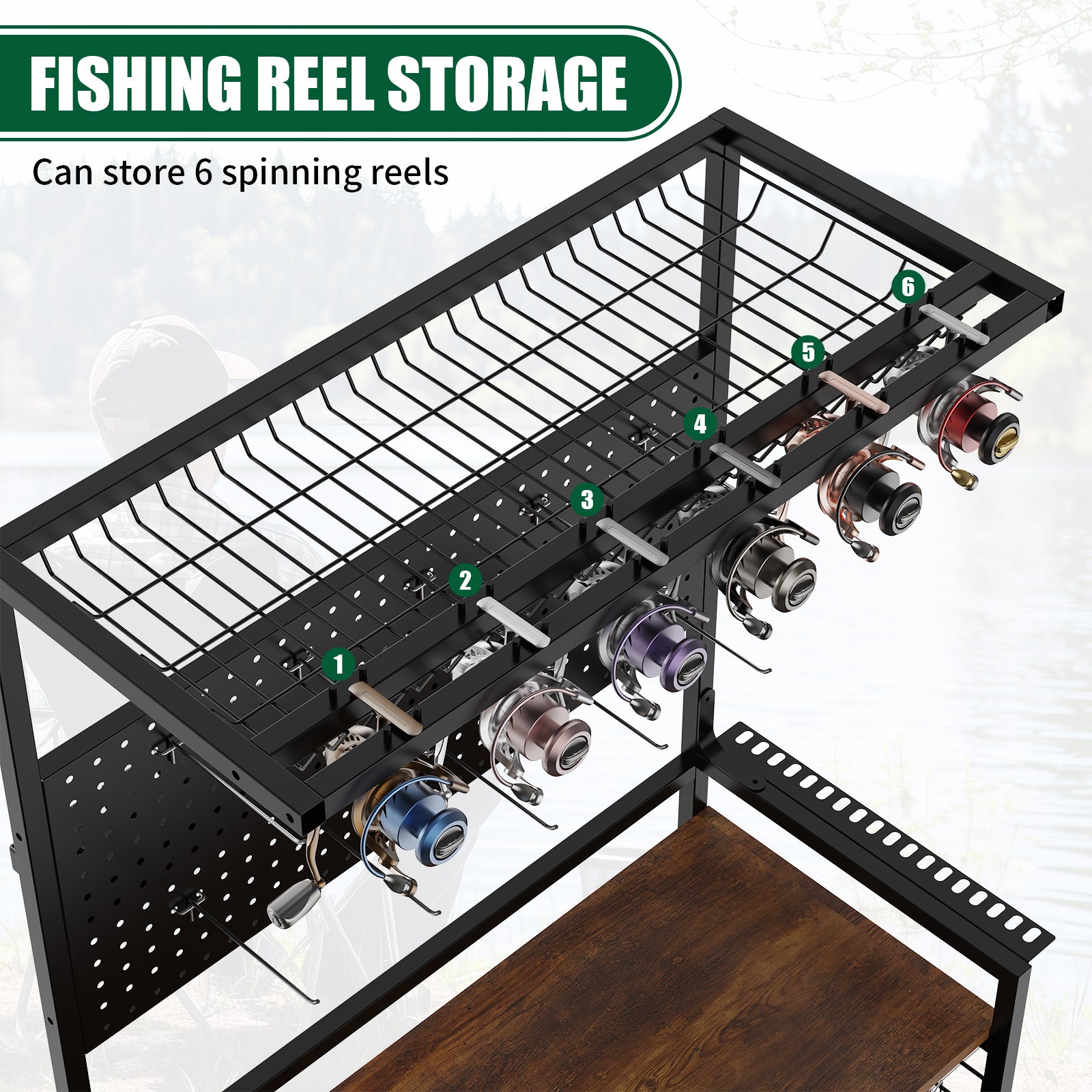 Fishing Rod Storage Rack with Pegboard and Lockable Wheels