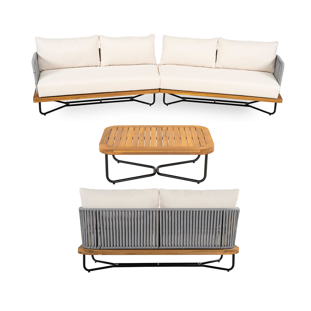 Lucca Outdoor 6 Seater Acacia Wood and Rope Woven Patio Conversation Set