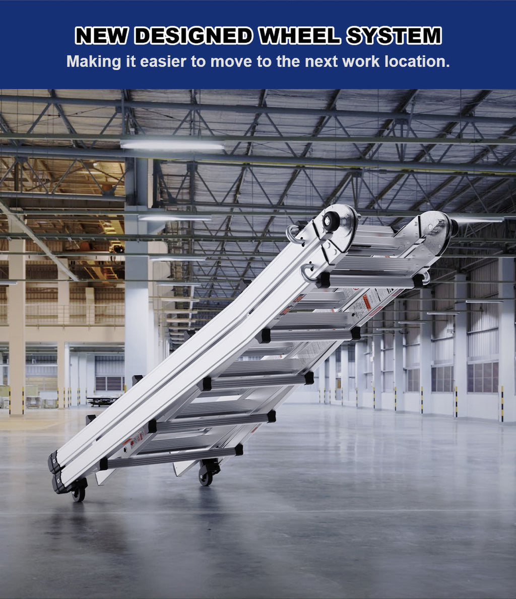 Aluminum Multi-Position Ladder with Wheels, 22 FT, 300 lbs Capacity