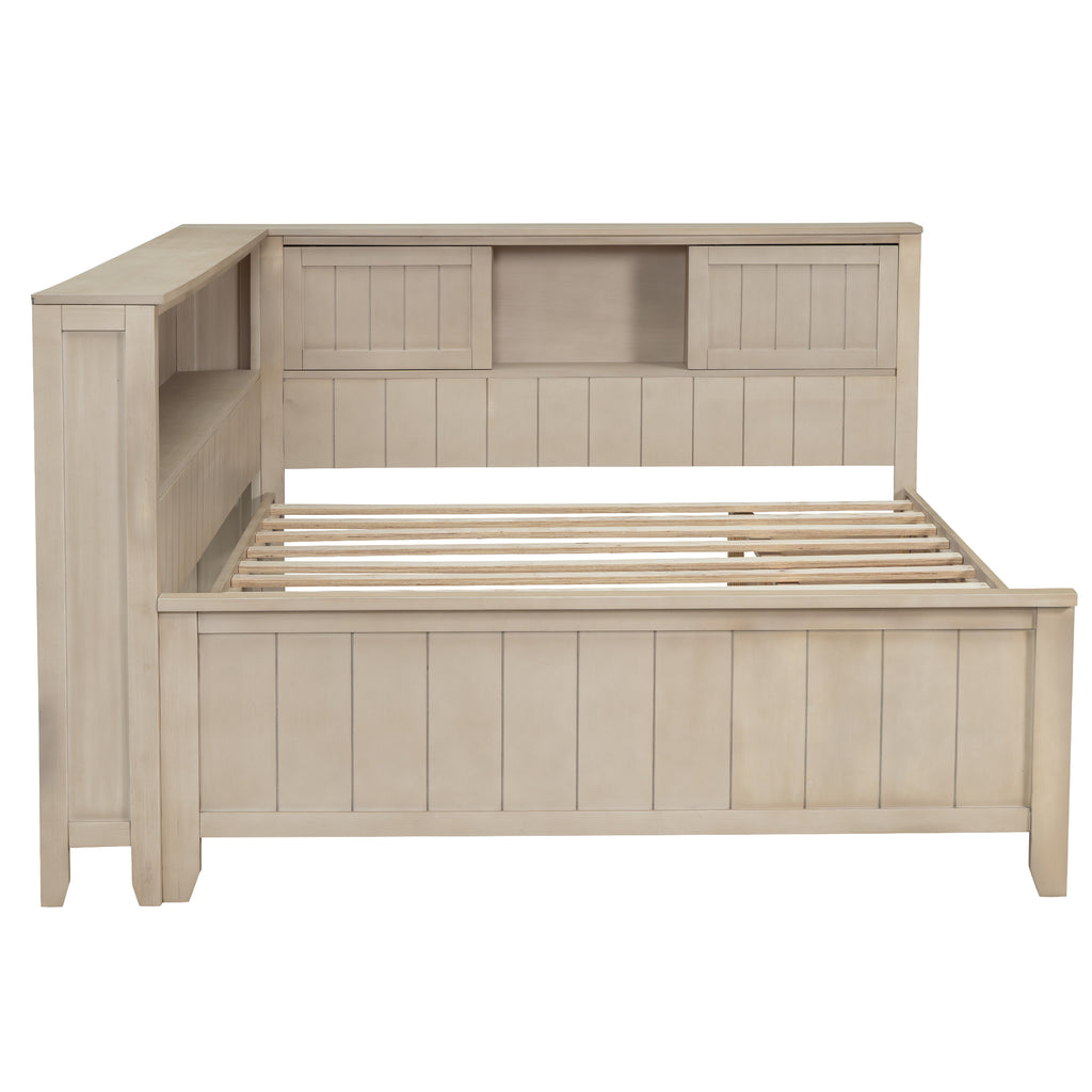 Full Size Wood Daybed with Storage Shelves and 3 Drawers, Antique