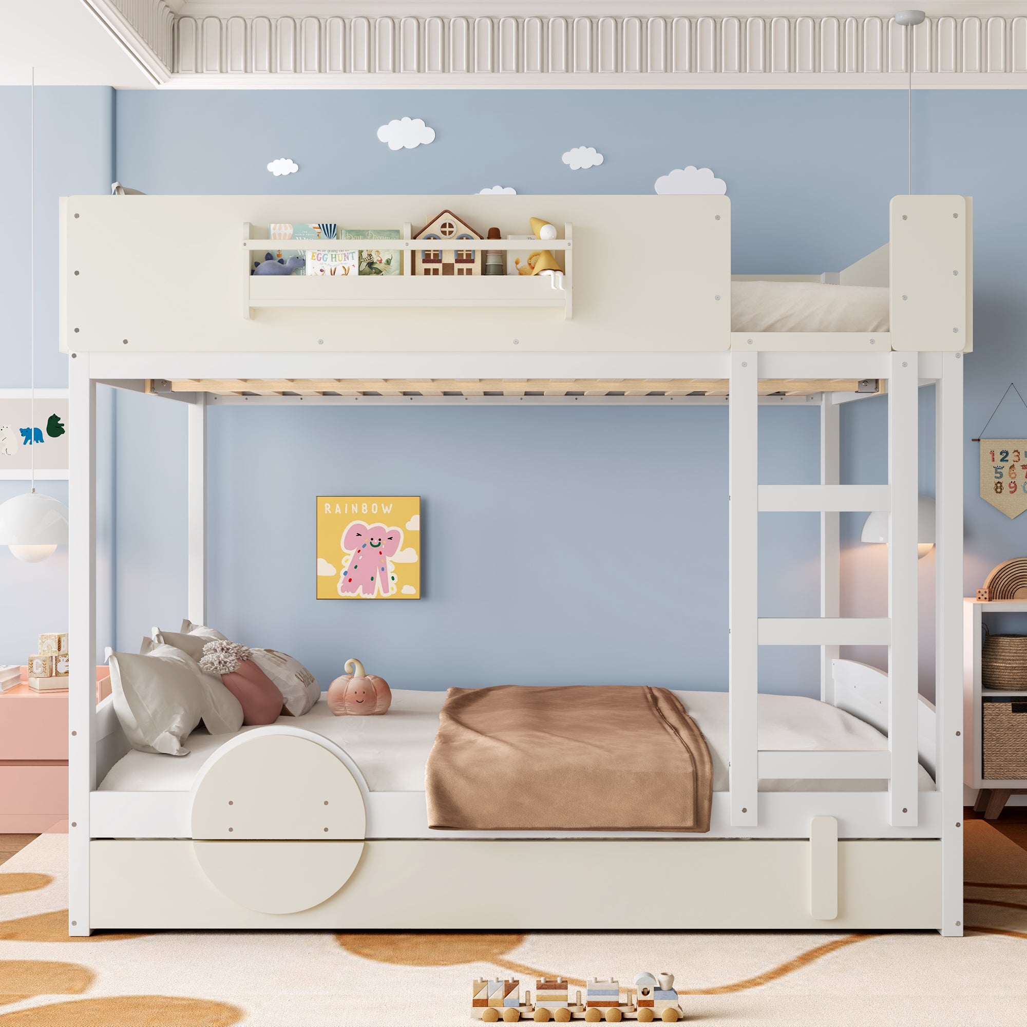 Queen Bunk Bed With Trundle and Bookshelf