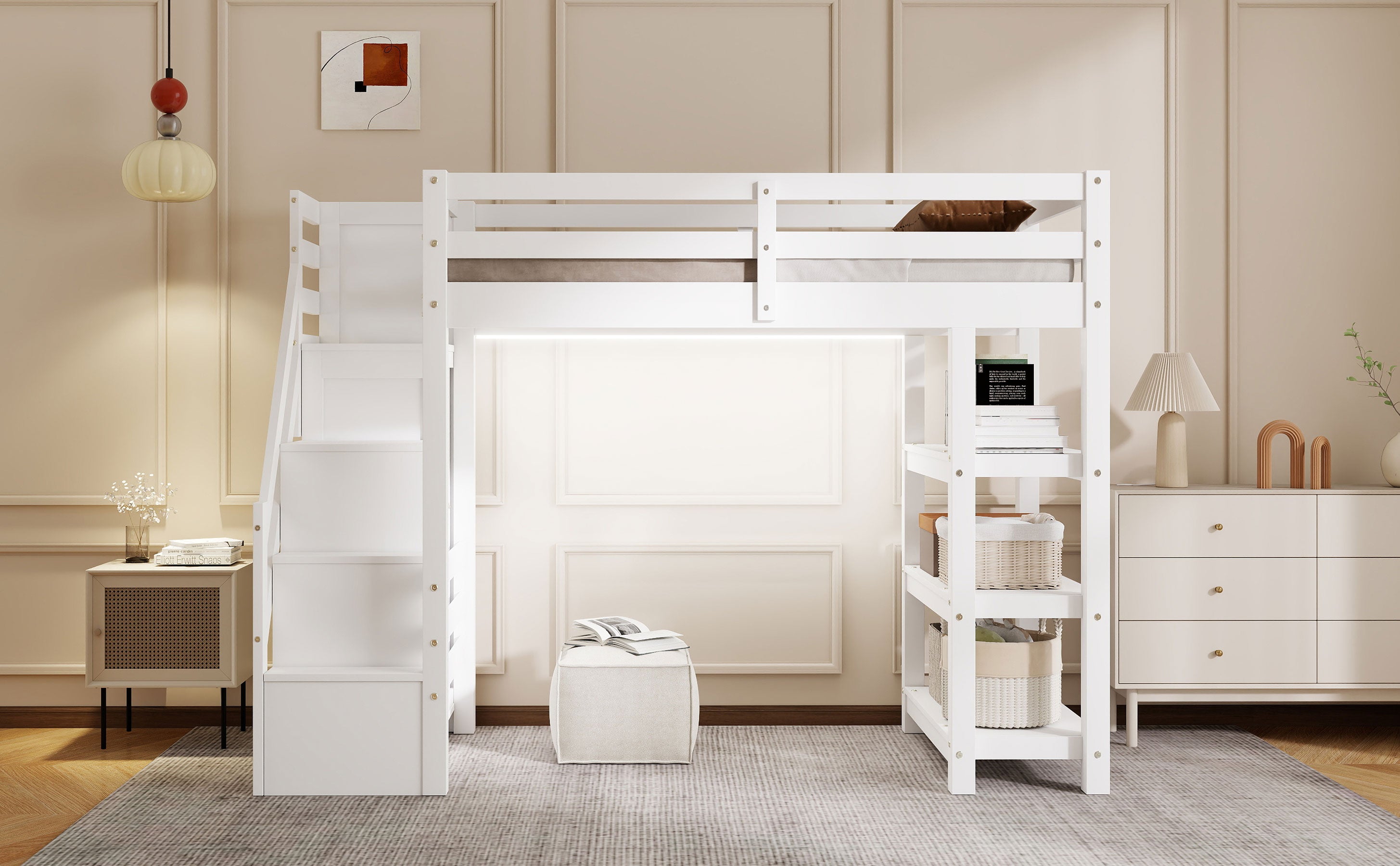 Twin Size Loft Bed with Shelves and Storage Staircase