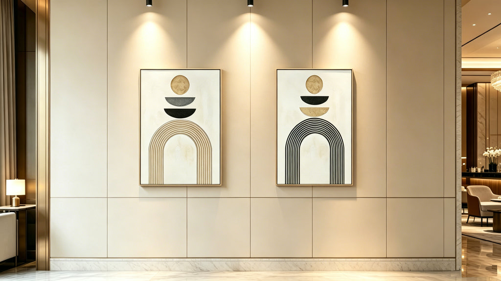 24x36 Set of 2 Framed Boho Abstract Wall Art, Neutral Antique