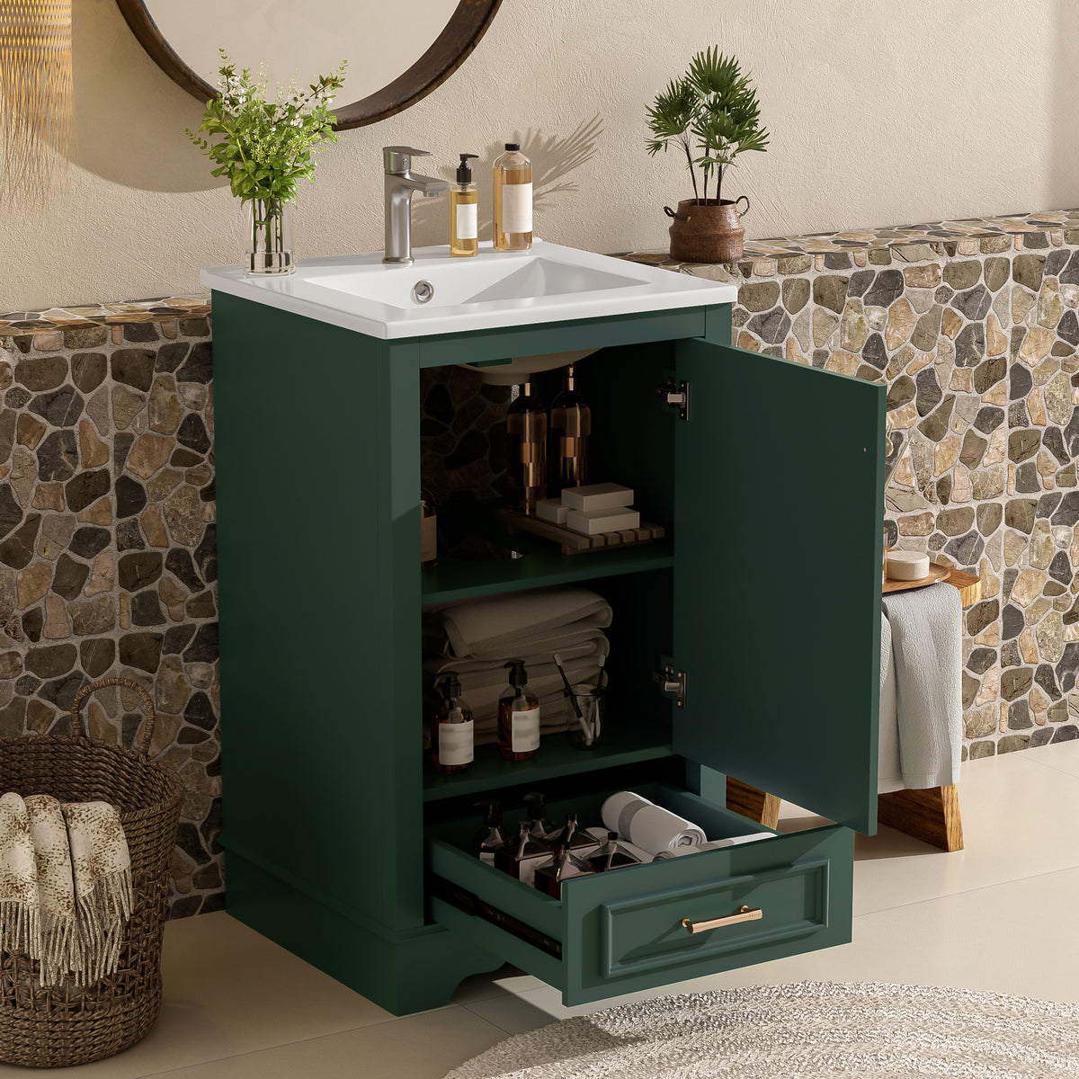 20-Inch Bathroom Vanity with Ceramic Sink, One Drawer, Green