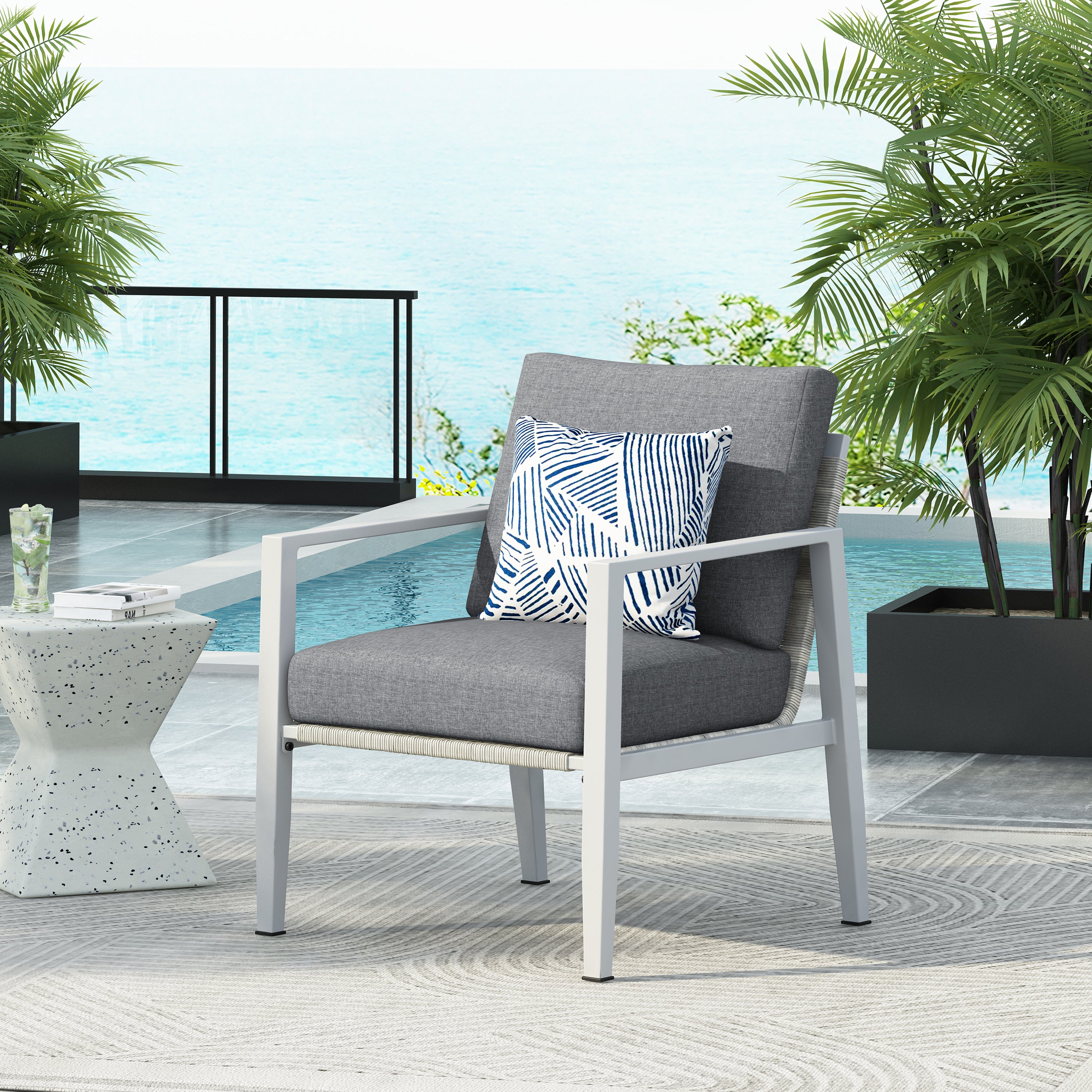 Silver Aluminum Lounge Chair with Sleek Rope Accents