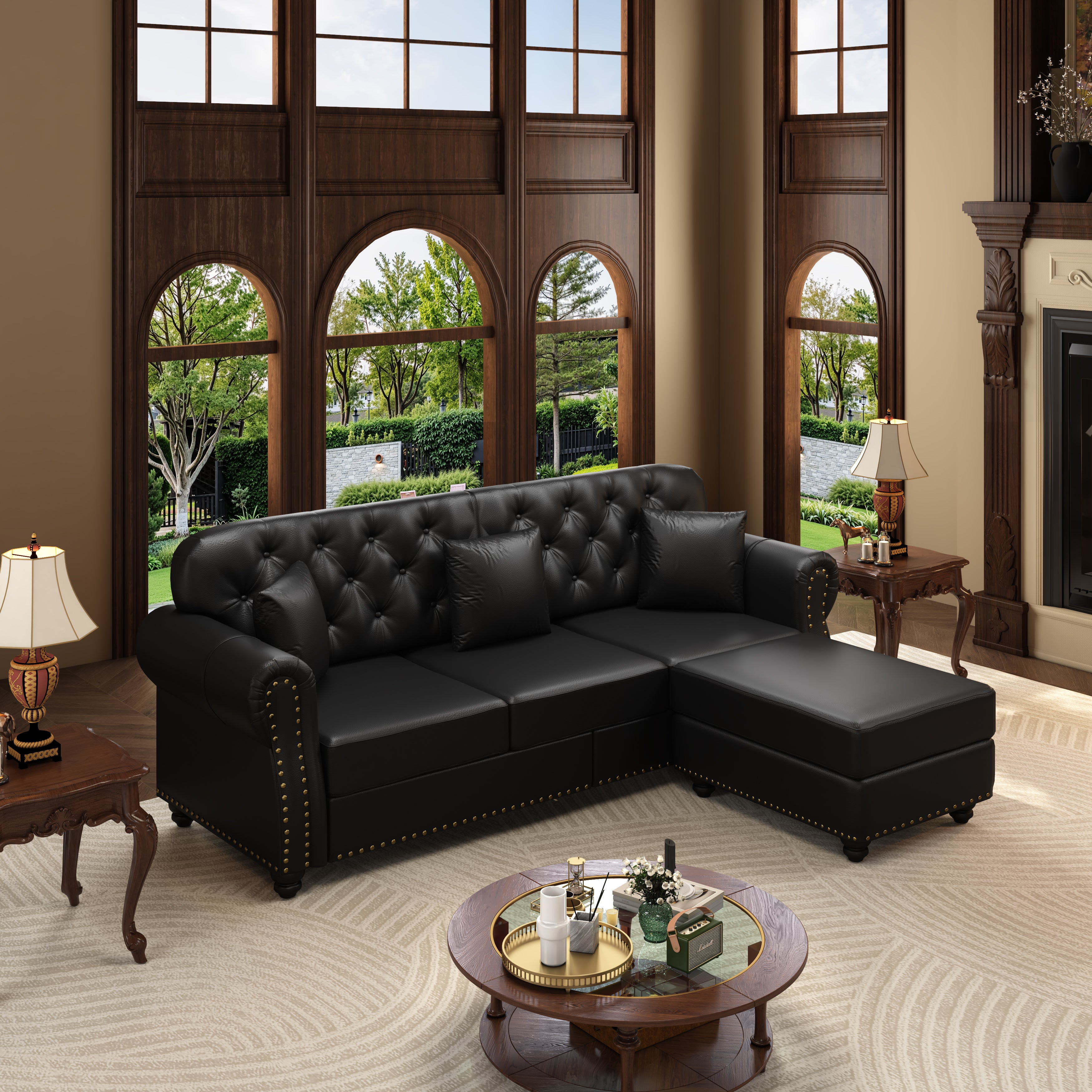 Upholstered Faux Leather Sofa with Nailhead Trim