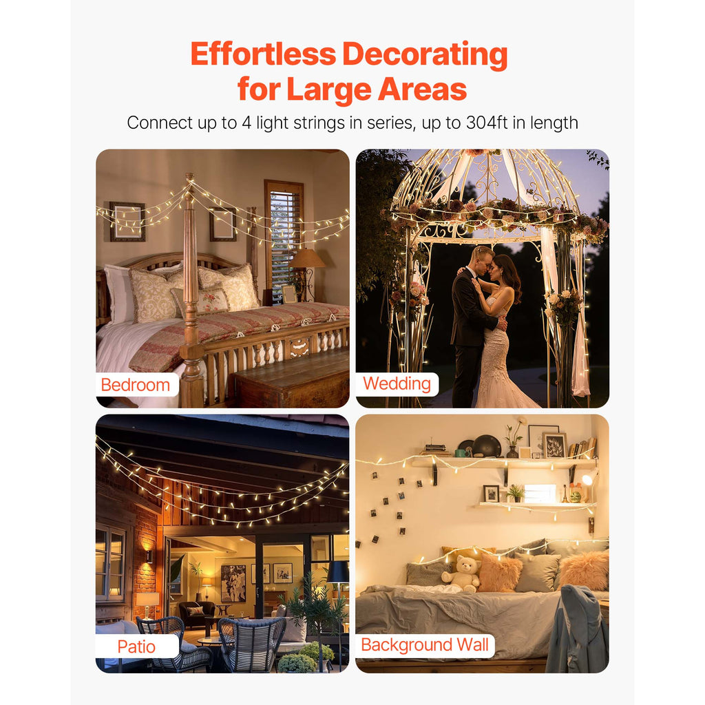 LED Christmas String Lights - 200 LED, 76 ft Connectable Warm