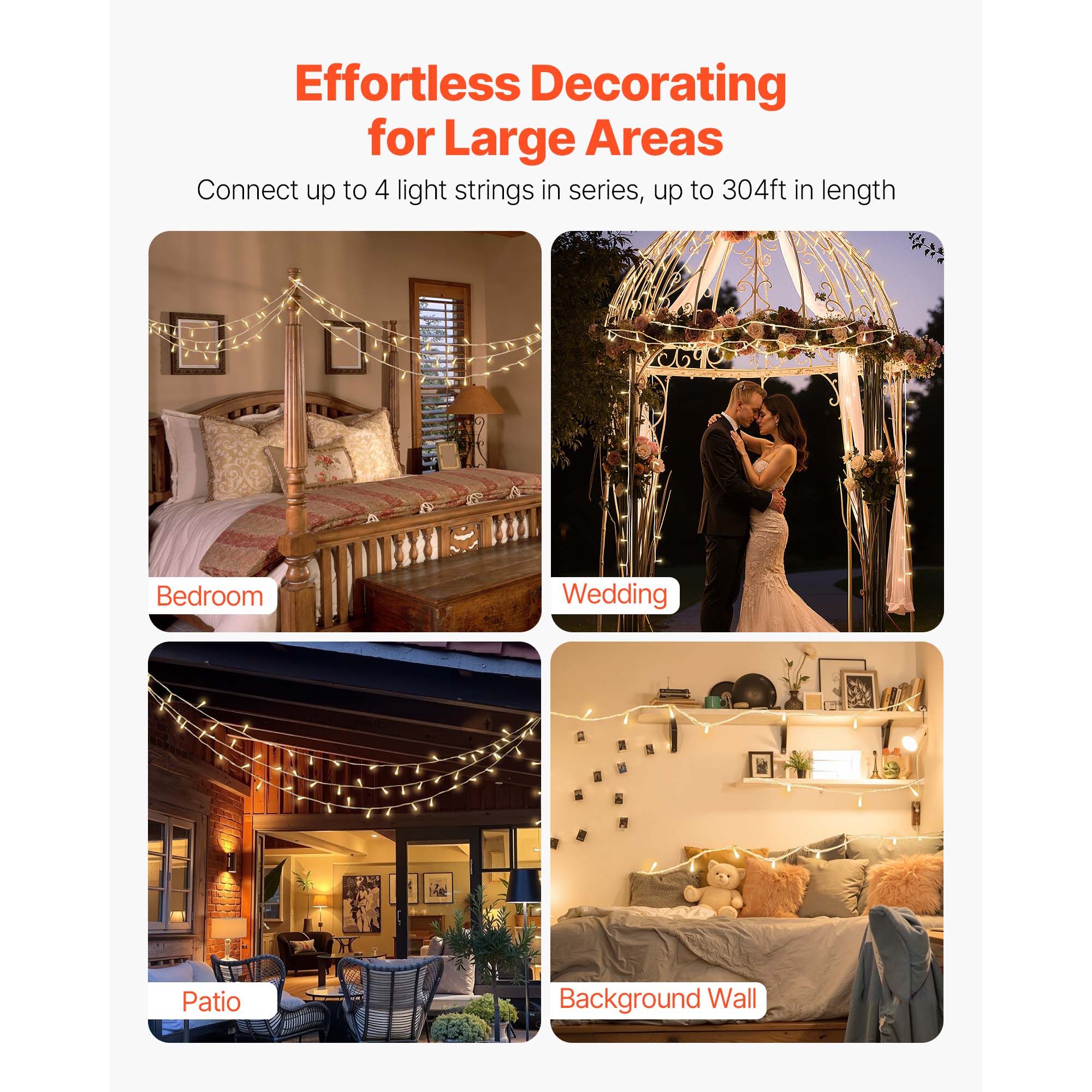 LED Christmas String Lights - 200 LED, 76 ft Connectable Warm
