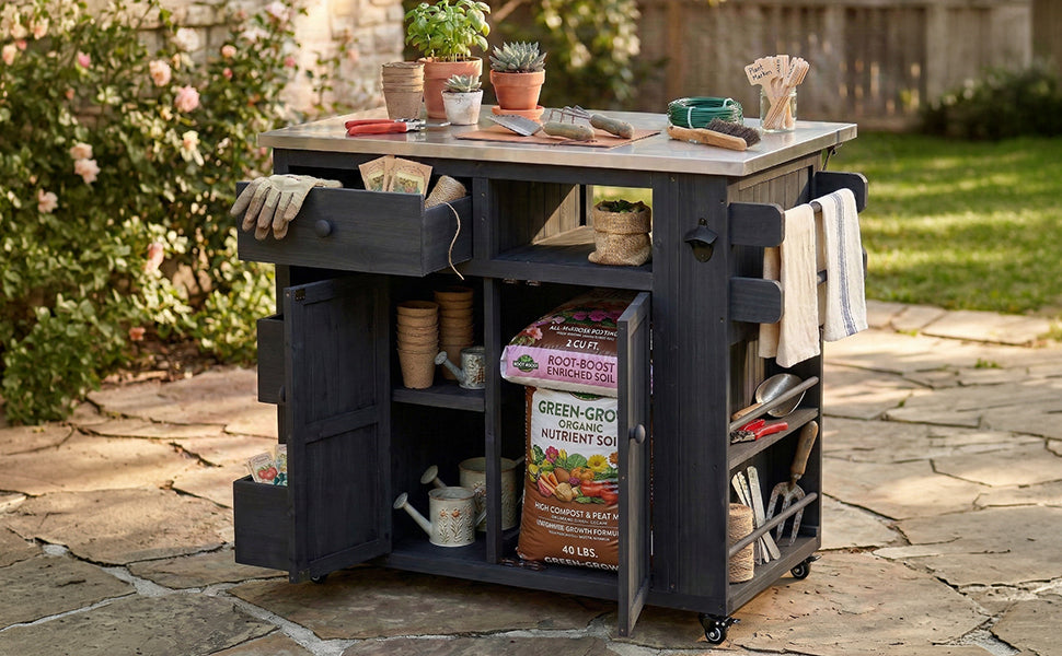 TOPMAX Outdoor Solid Wood Extendable Kitchen Island