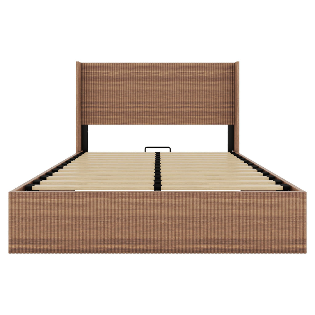 Queen Size Bed Frame with Grooved Lifting Storage Function