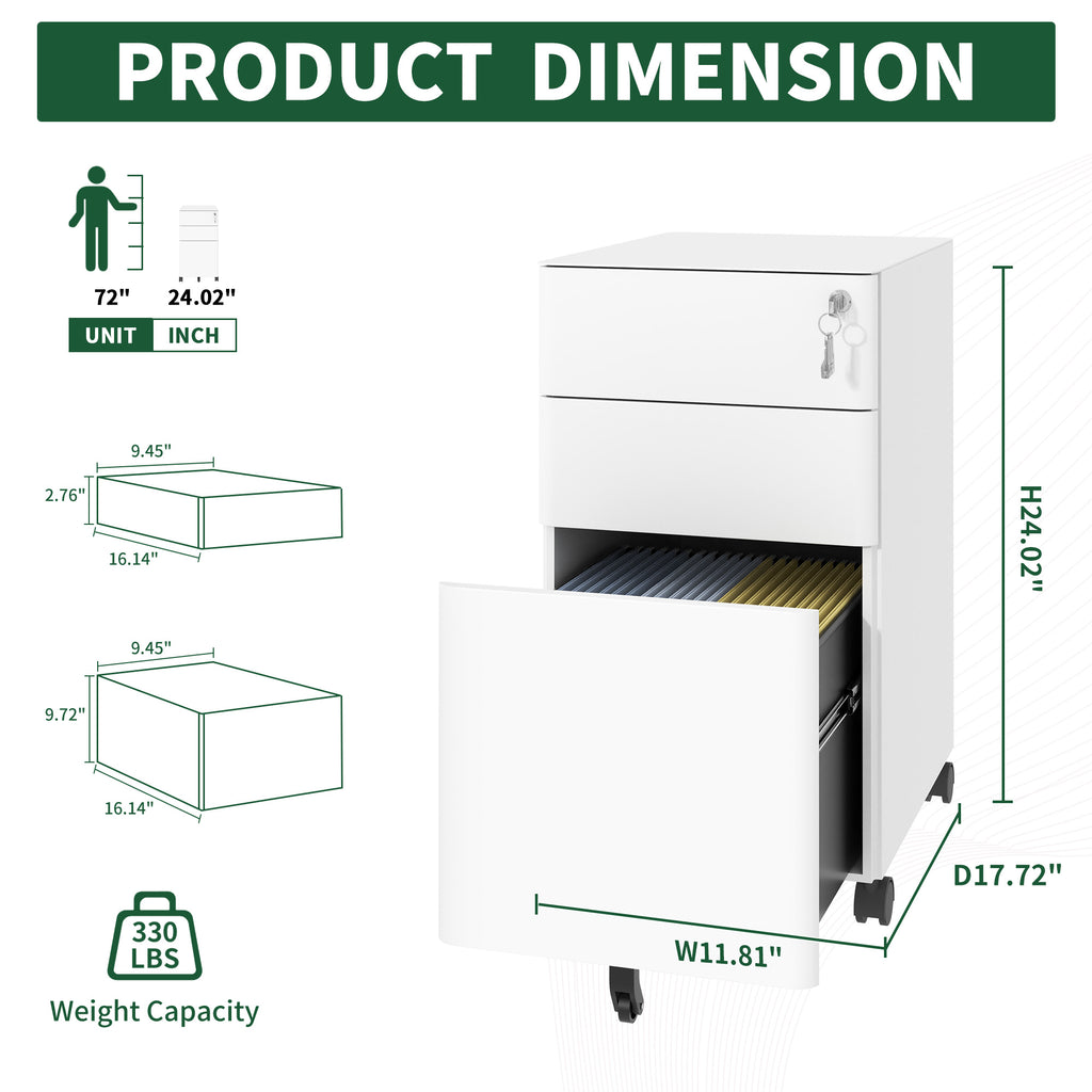 3-Drawer Mobile File Cabinet with Lock