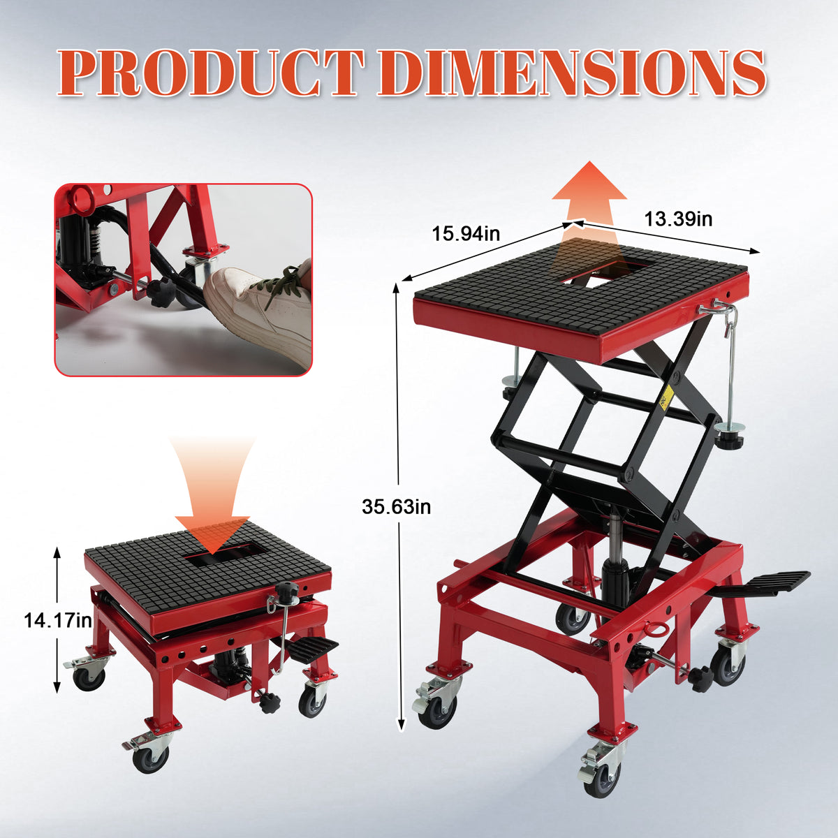 300 LBS Hydraulic Motorcycle Lift Table, Heavy Duty Foot Pedal Scissor Jack with Wide Deck, J-Hooks & 4 Wheels, Mini Lift Stand for ATV Dirt Bike Motorbike Garage Repair Hoist