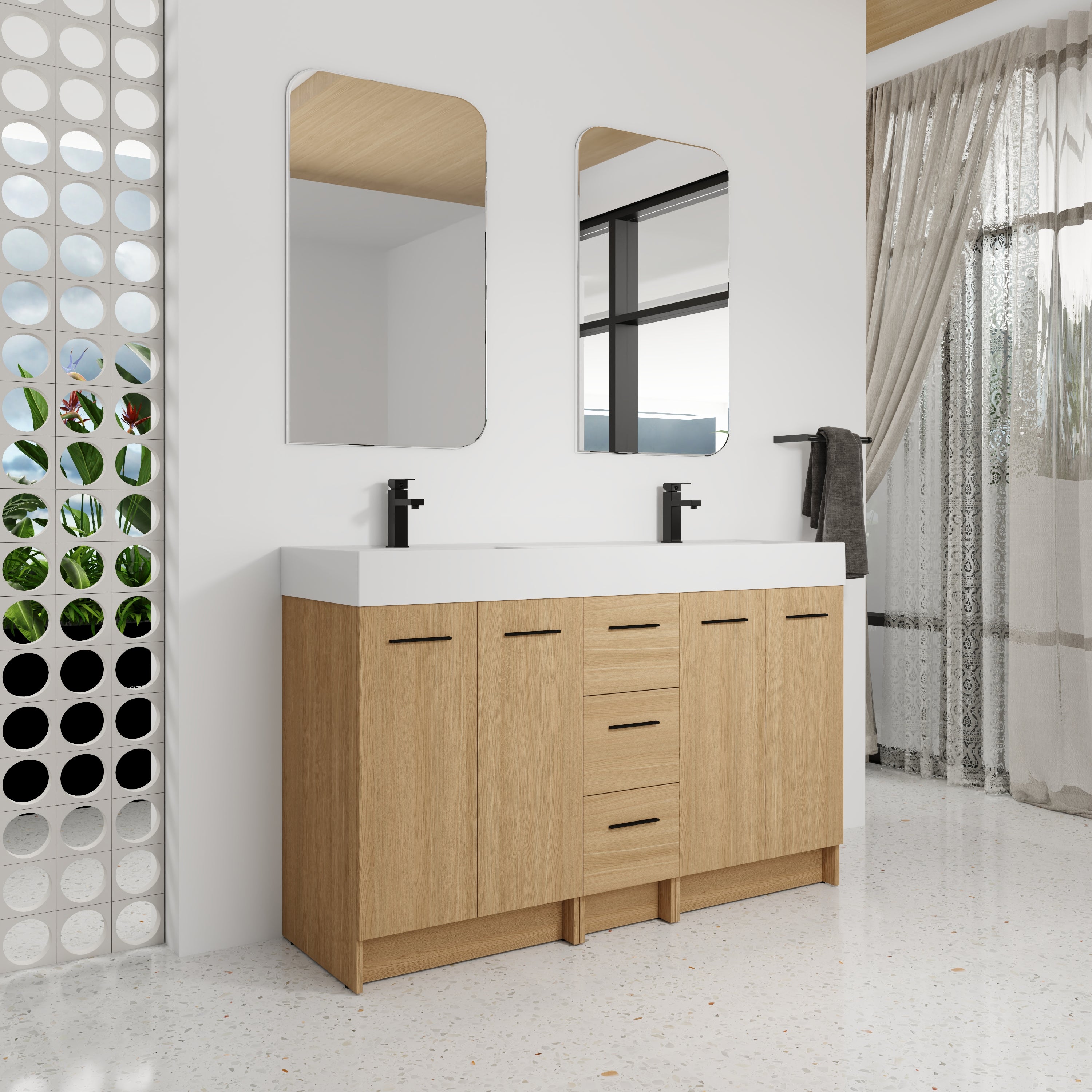 60" Double Sink Bathroom Vanity with 3 Drawers and Integrated Resin Sink