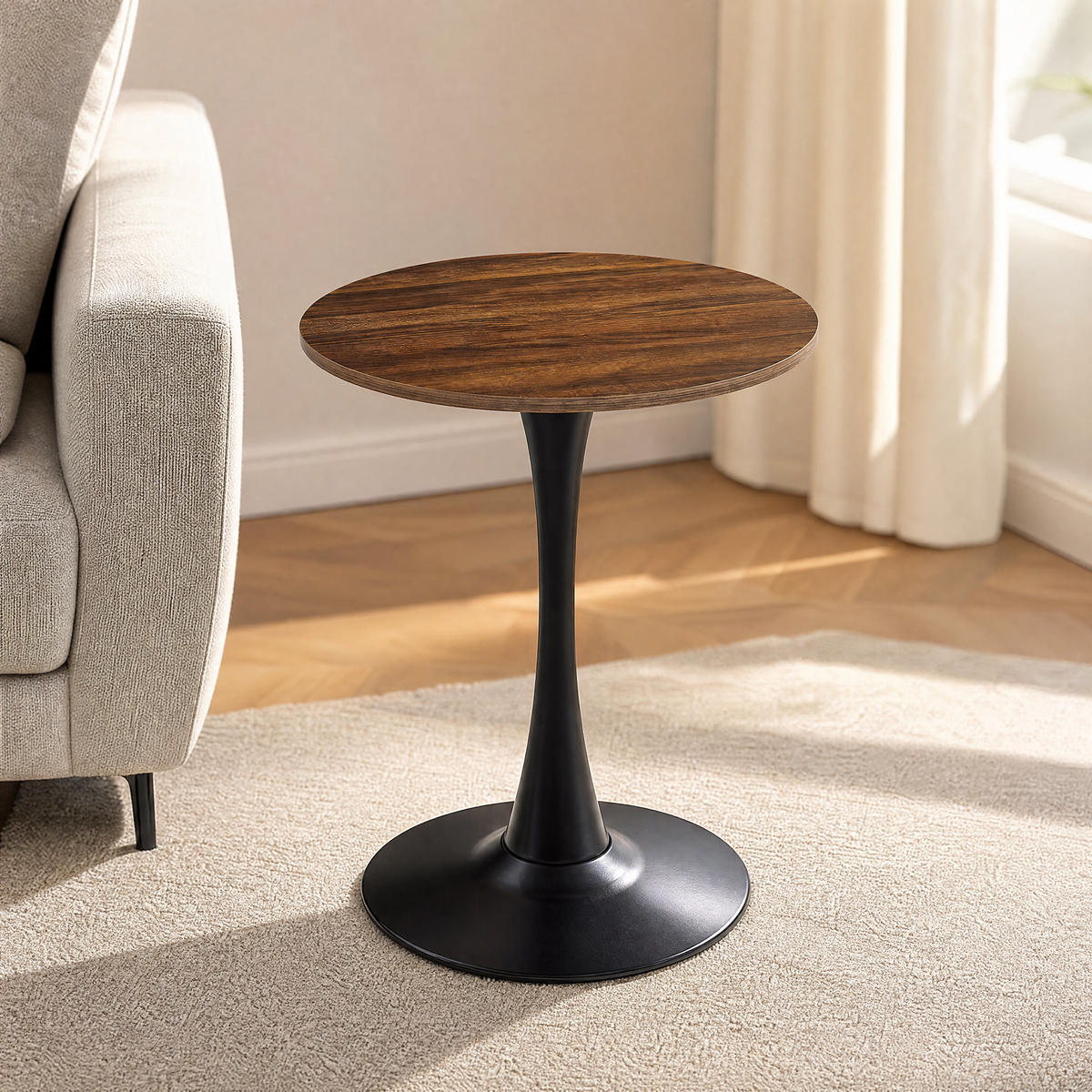 Dark Wood Grain Round Dining Table, 24-Inch, MDF and Metal Base