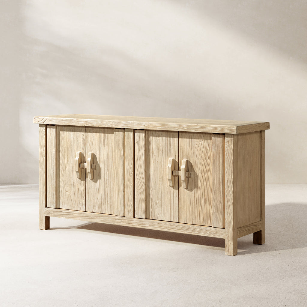 Rowan 63-Inch Elm Wood 4-Door Cabinet, Light Natural Brown