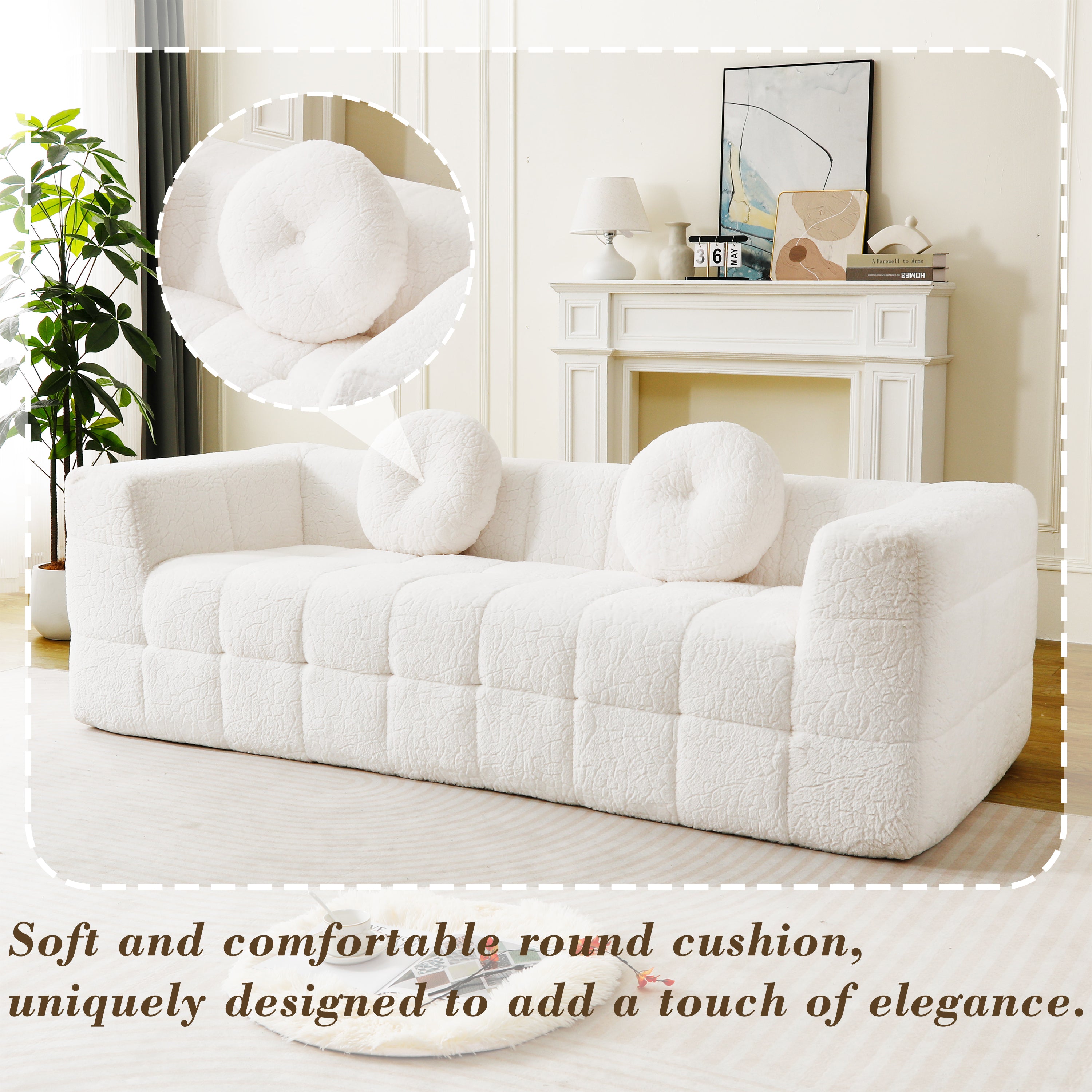 84.6-Inch Modern Boneless Couch with Two Circular Throw Pillows