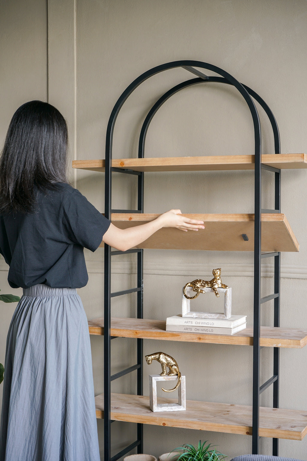 Tall Arched Wood and Iron Display Shelf