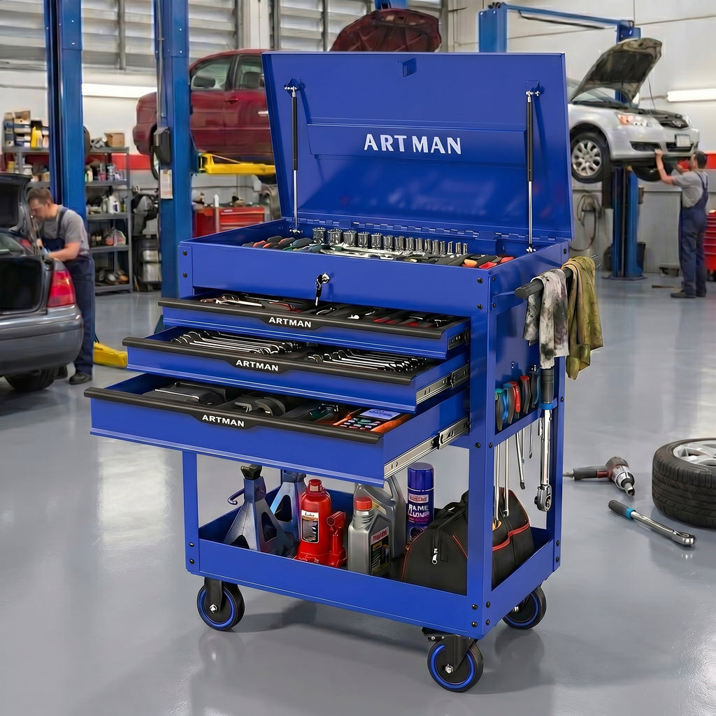 3 Drawers Multifunctional Tool Cart with Wheels and Steel Top