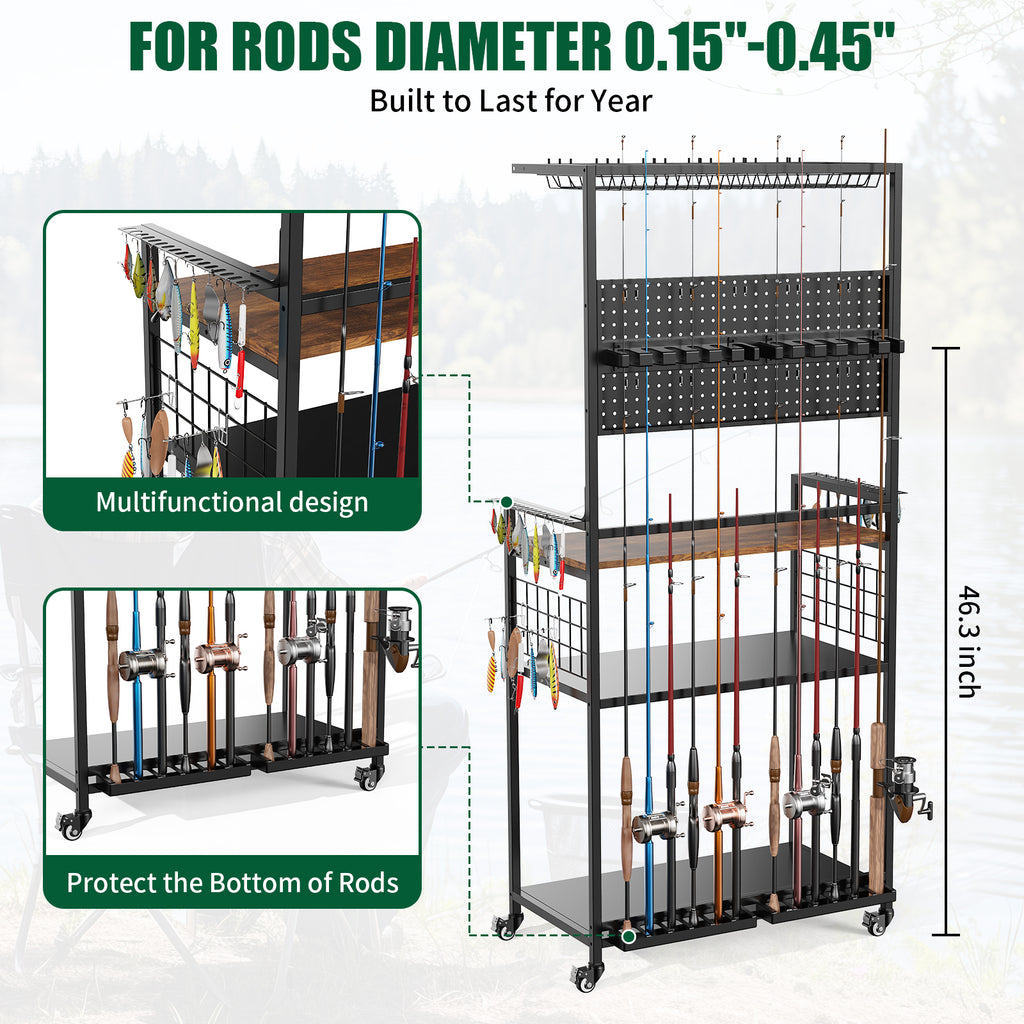 Fishing Rod Storage Rack with Pegboard and Lockable Wheels