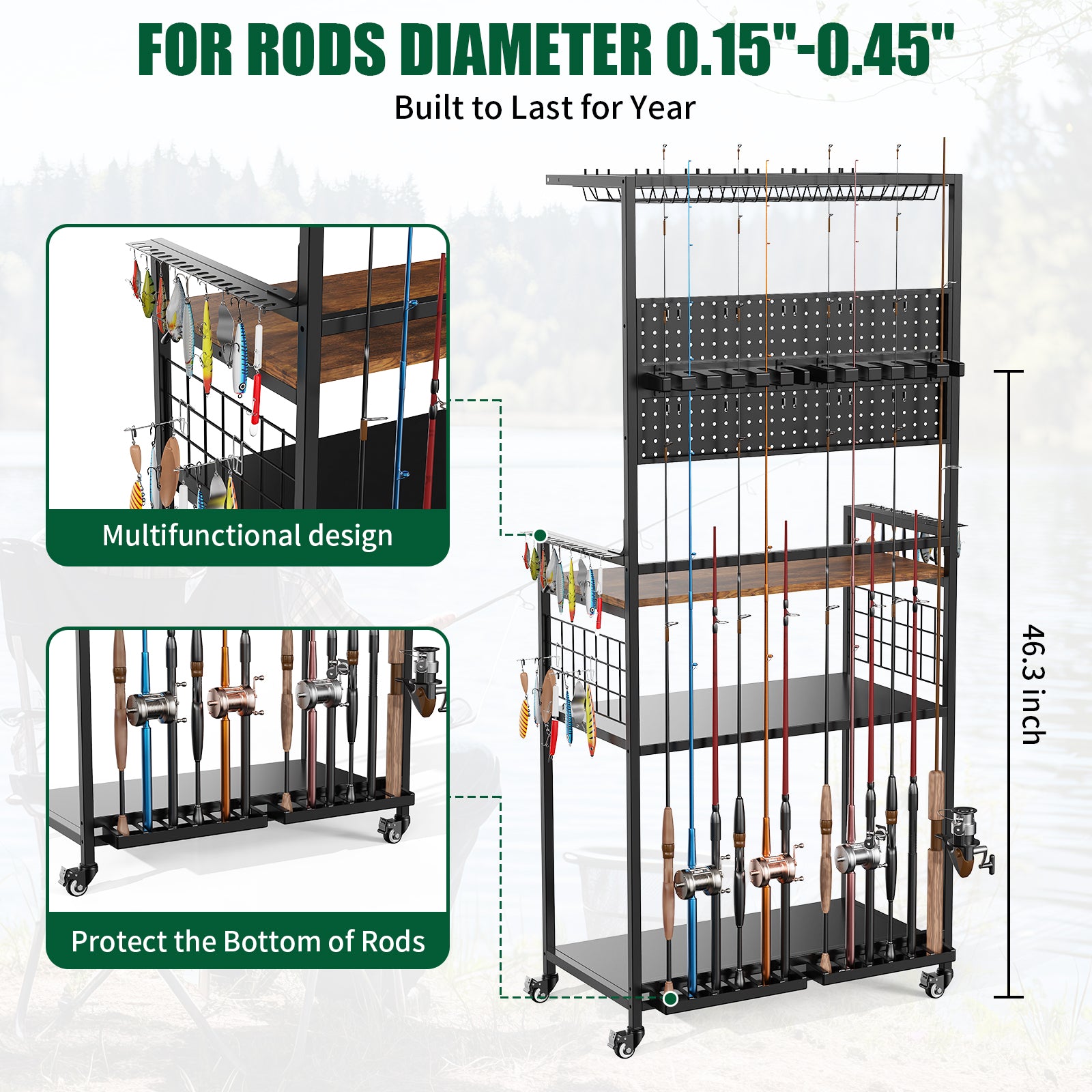 Fishing Rod Storage Rack with Pegboard and Lockable Wheels