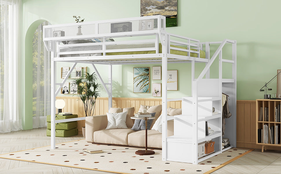 Queen Size Loft Bed with Stairs and Storage Shelves
