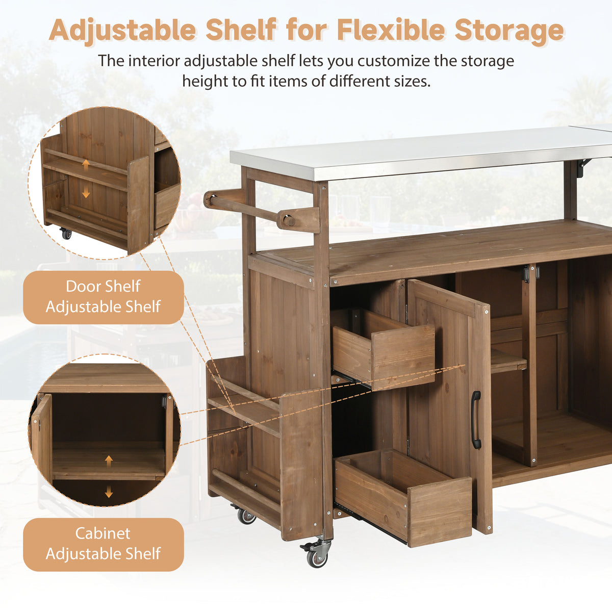 54.33" Farmhouse Rolling Outdoor Kitchen Cart, Solid Wood Frame with Stainless Steel Top, Spice Rack, Towel Rack, Lockable Wheels & Multi-Functional Storage for Patio, Backyard BBQ & Kitchen