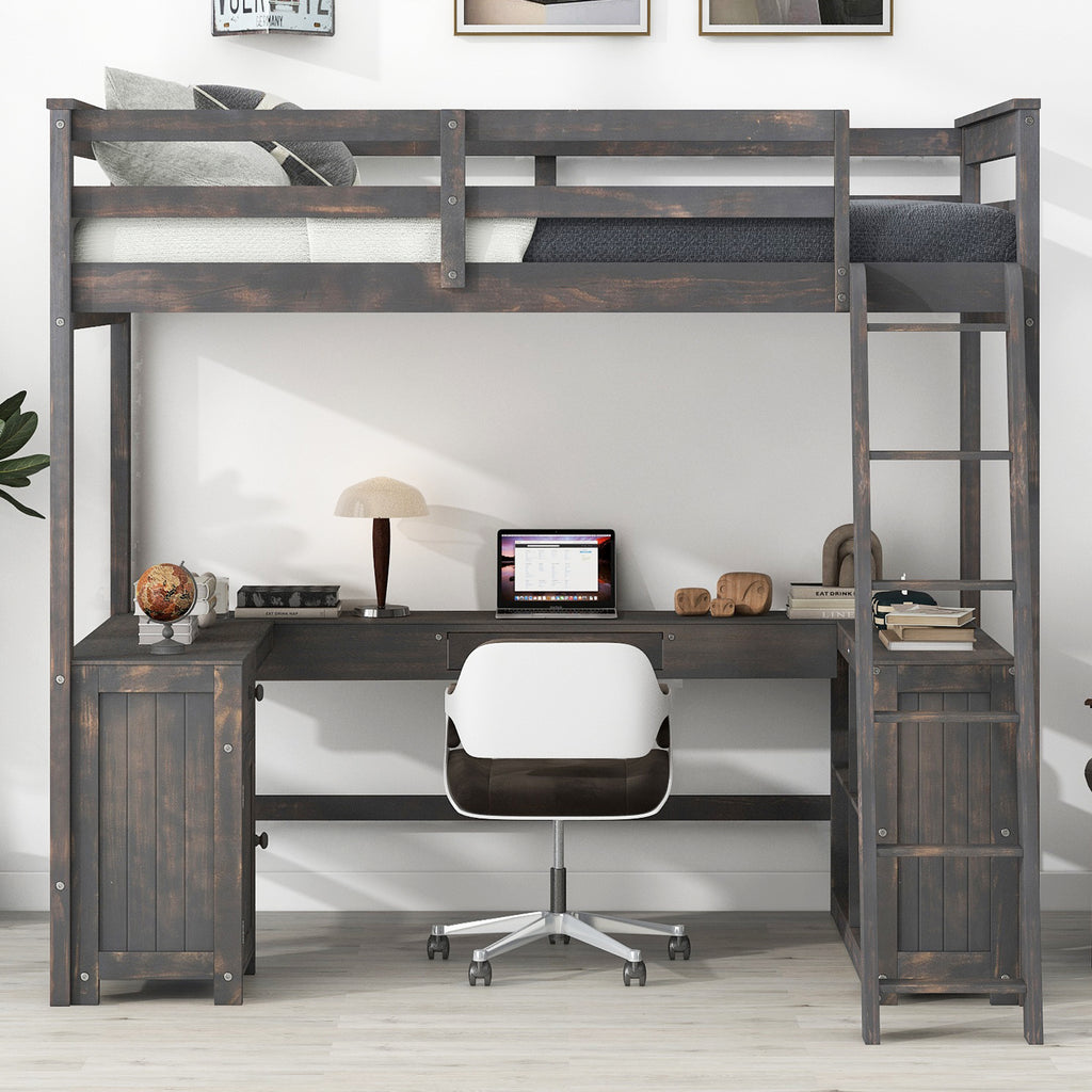 Full Size Loft Bed with U-shaped Desk, Drawers and Storage Shelves