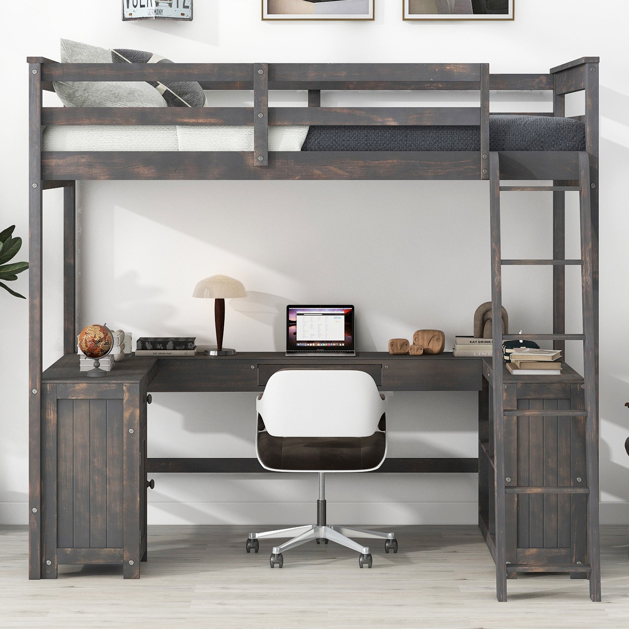 Full Size Loft Bed with U-shaped Desk, Drawers and Storage Shelves