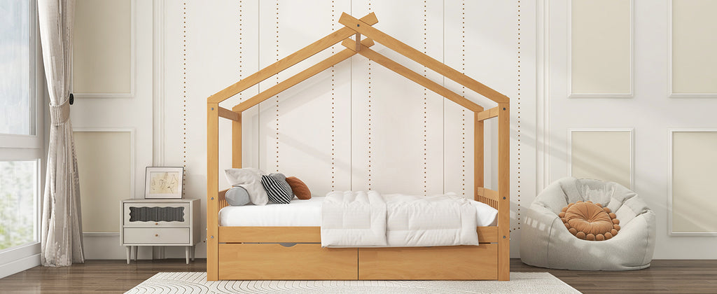 Full Size House Platform Bed with Two Drawers, Headboard and Footboard, Roof Design