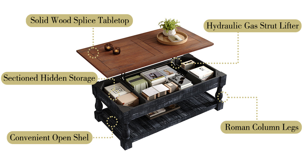 Retro Lift-Top Coffee Table with Hidden Storage and Lower Shelf, Antique Black