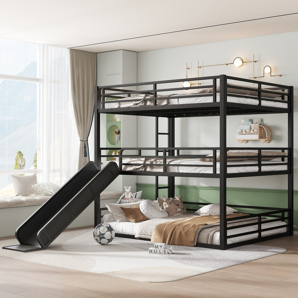 Queen Over Queen Over Queen Bunk Bed with Slide