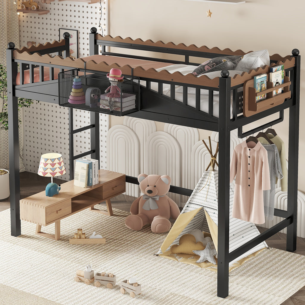 Twin XL Size Loft Bed with Ladders, Storage Shelves, and Bookshelf