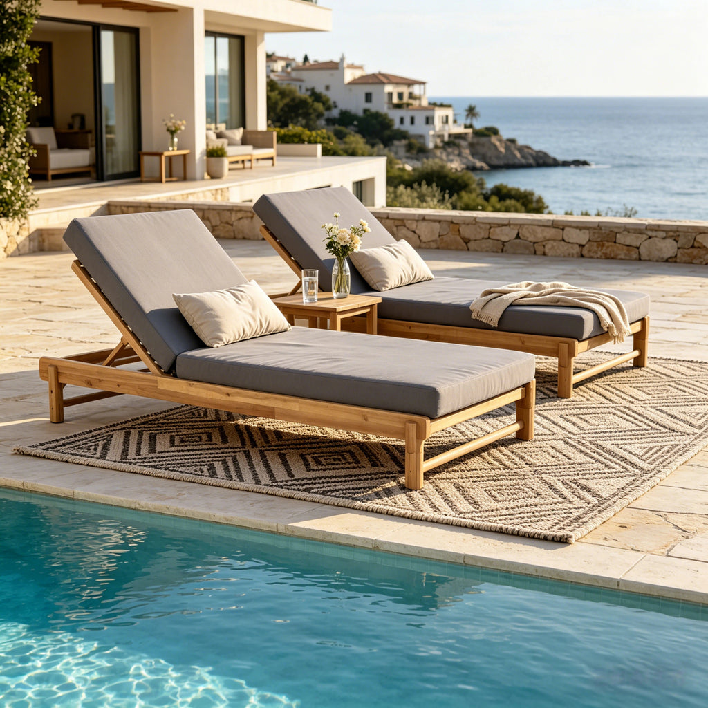 Light Teak Acacia Wood Chaise Lounge Set: 1 Frame + 1 Dark