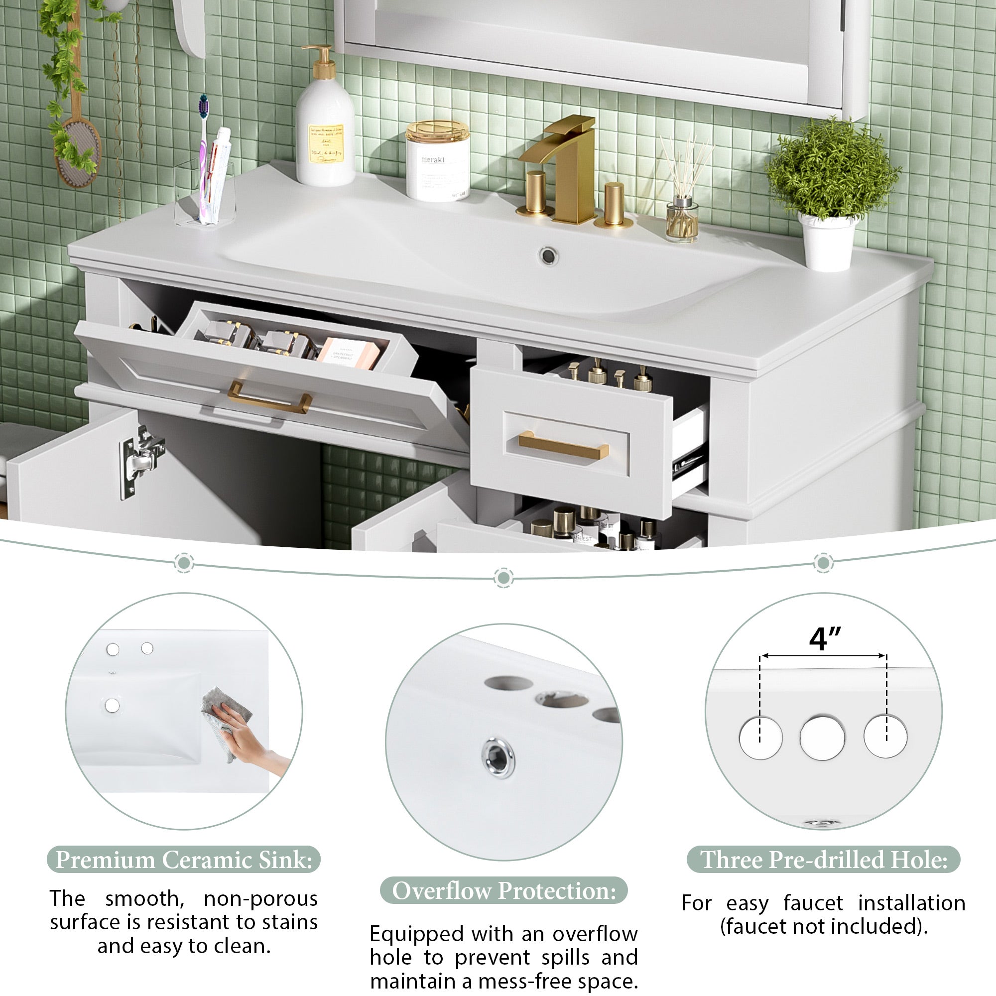 36-Inch White Modern Bathroom Vanity with Ceramic Sink