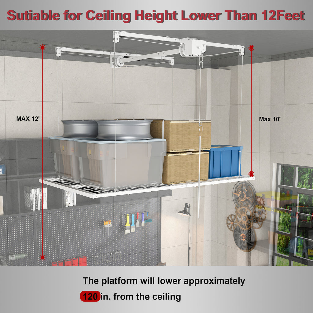 White Overhead Garage Storage Rack 4x8 FT for High Ceilings