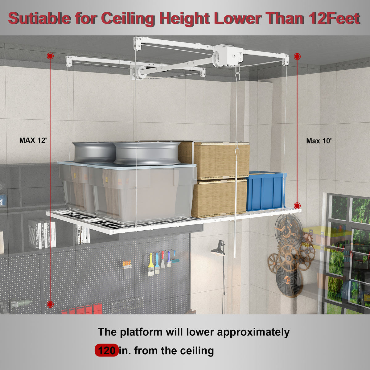 White Overhead Garage Storage Rack 4x8 FT for High Ceilings