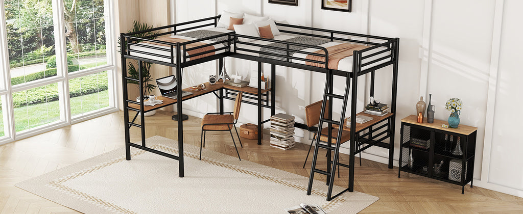 Twin Size Metal Loft Bed with Two Built-in Desks