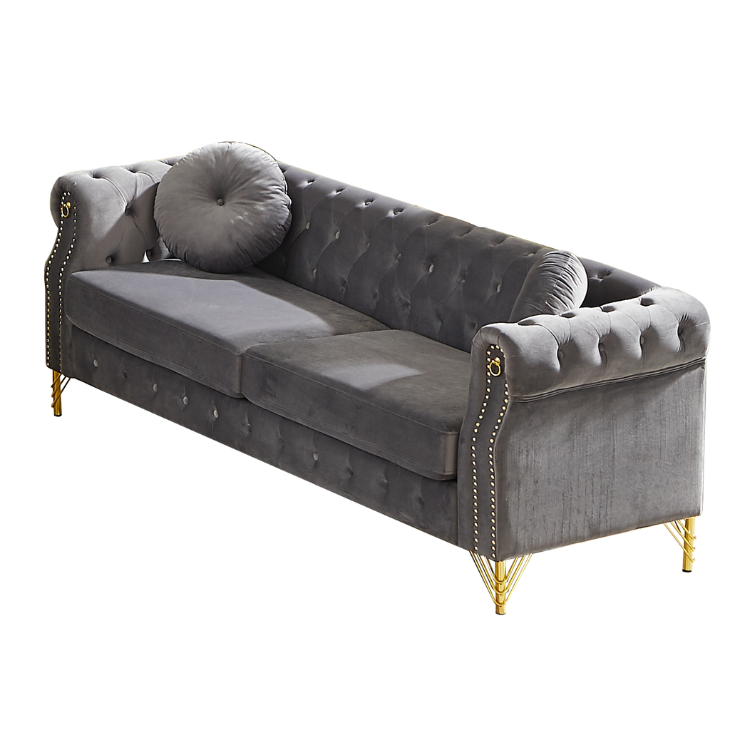 82-Inch Velvet Chesterfield Sofa with Two Round Pillows