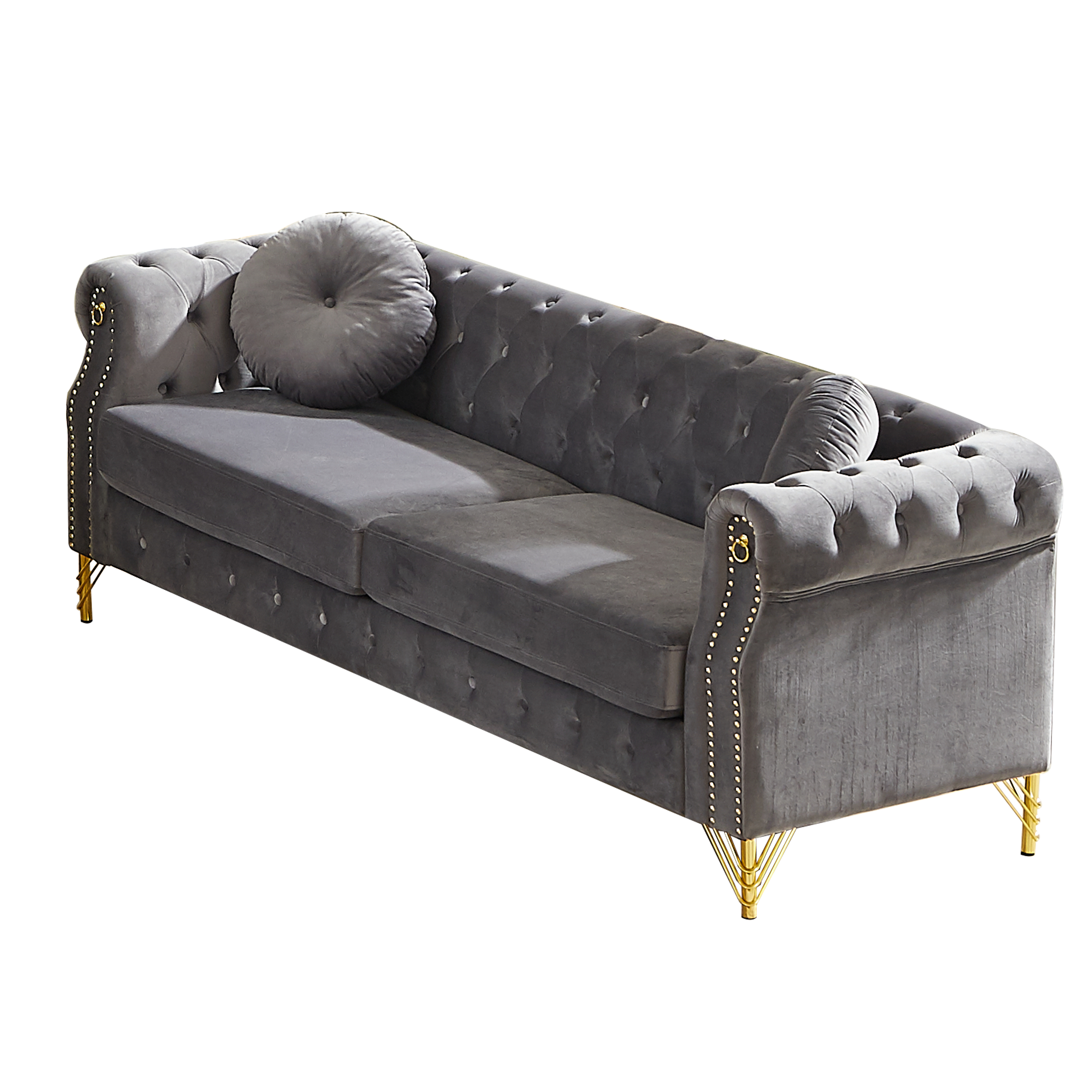 82-Inch Velvet Chesterfield Sofa with Two Round Pillows