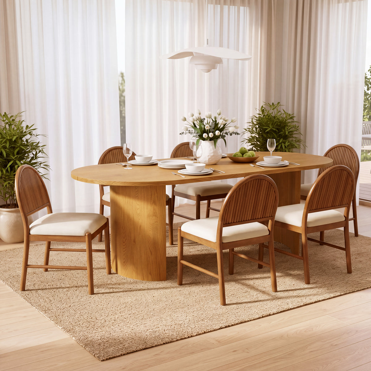 Rubber Wood Dining Chairs, Upholstered Kitchen Chairs with Fluted Backrest, Mid Century Dining Room Chair with