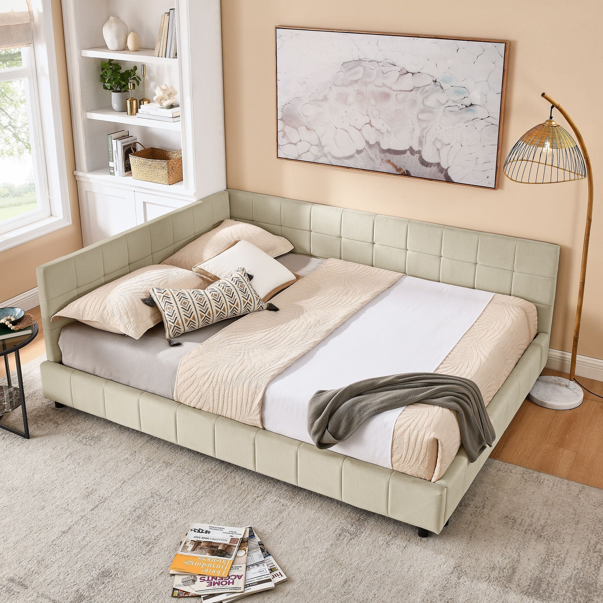 Mid-Century Storage Upholstered Tufted Bed Frame with Backrest and Armrests