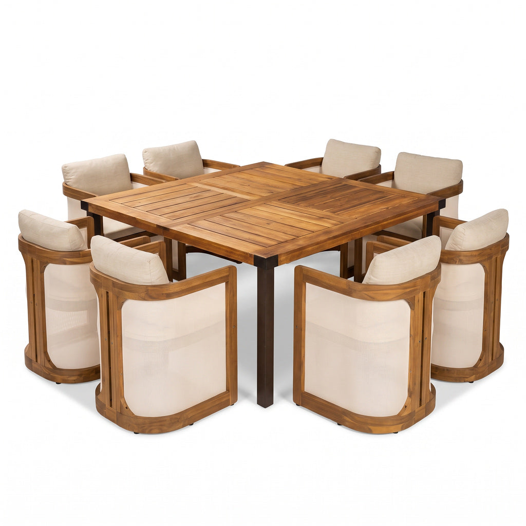 9-Piece Outdoor Patio Dining Set, 64" Square Acacia Wood Table with 8 Armchairs, Teak