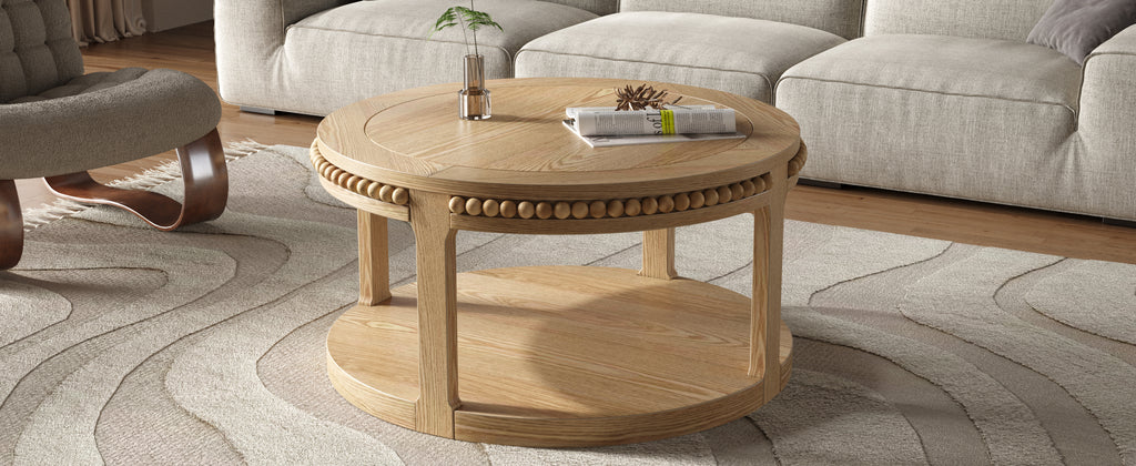 Round Solid Wood Coffee Table, 31.5 Inch, Two-Tier, Natural Wood